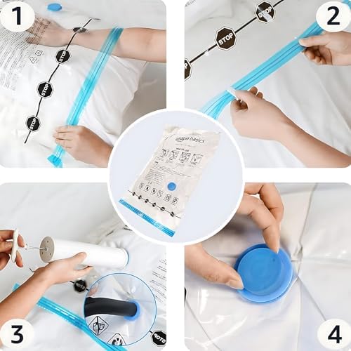 Amazon Basics Vacuum Storage Bags for Clothes, Compression Zipper with Hand Pump, Medium, White, Sky Blue, 5-Pack - Image 4