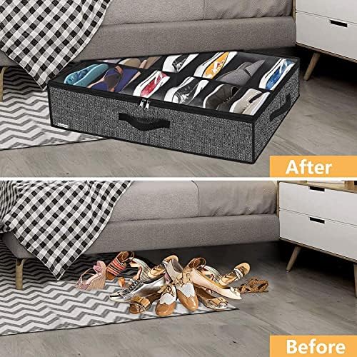 Onlyeasy Under Bed Shoe Storage Organizer with Sturdy Handles and Clear Window 1 Pack Fits 12 Pairs, Premium Foldable Underbed Shoes Container Box for Closet, Linen-like Black, MXAUBSB1P - Image 3