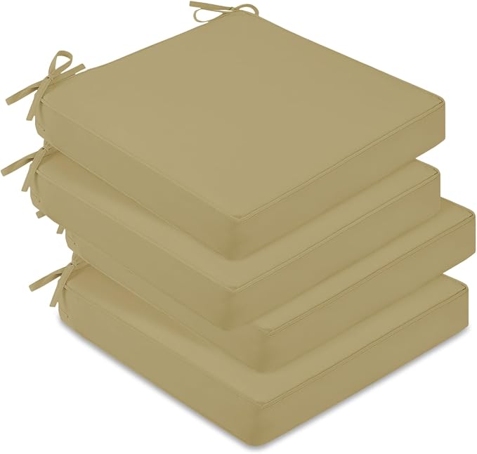 downluxe Waterproof Outdoor Chair Cushions Set of 4, 19" x 19" x 3" Patio Chair Cushion with Non-Slip Ties & Handle, Square Outdoor Cushion for Patio Furniture with Removable Cover, Khaki by Downluxe