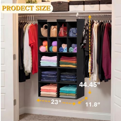 5 Tier Hanging Closet Organizer, 14 Compartments Dual Row Storage, Black | Closet Organizers and Storage with Large & Small Pockets, 3 Sturdy Hooks Support Heavy Loads, Ideal for Dorm, Garment Rack - Image 5