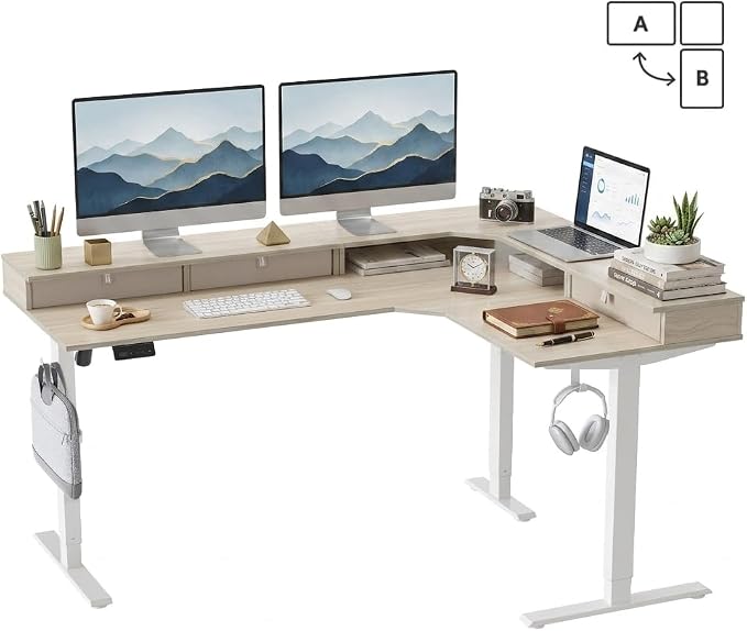 CubiCubi 63x48 Inches L Shaped Standing Desk with 3 Drawers and Monitor Shelf, Height Adjustable Corner Computer Desk with Hooks, Sit Stand Up Ergonomic Home Office Workstation Table, Light Walnut by CubiCubi