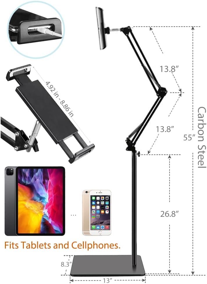 BluuSuuk Tablet Floor Stand with Double Weight Base, Overhead Bed Phone Mount Height Adjustable Arm Stretchable Stand Holder, Compatible with iPad Mini Air Pro, Galaxy Tab, Kindle, Switch, Cell Phones - Image 6