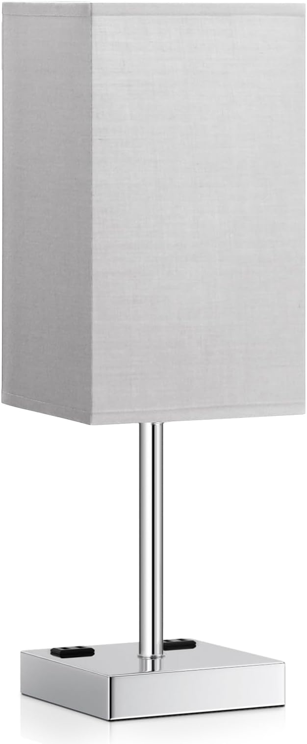 17.4" Grey Touch Table Lamp for Bedroom - Dimmable, USB C+A, 2 AC Outlets | 3-Way Dimming, 3000K Bulb Included, Square Grey Lampshade and Silver Base, Desk Lamp for Nightstand, Living Room, Dorm - Image 7