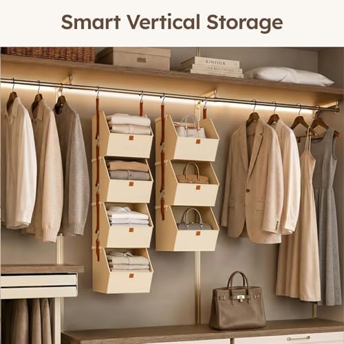 Homsorout Hanging Closet Organizer 4 Tier - Clothes Hanging Shelves, Space-Saving Closet System, Fabric Storage Bins Bedroom Organization, Collapsible Baskets for Home, Dorm, Rv, Beige, 8 Pack - Image 3