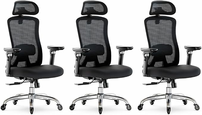Marsail Ergonomic Office Chair with 6D Armrests, 3D Adjustable Headrest, Slide Seat, Lumbar Support, and 4-Position Tilt Lock – Big and Tall Office Chair with 330 lbs Capacity, Pack of 3 by Marsail