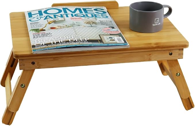 WKWKER Bamboo Laptop Desk with Folding Legs Tilting Surface Workstation Table Adjustable Laptop Stand Bed Tray for tv Sofa Study Computer Ipad Book (Natural) - Image 5