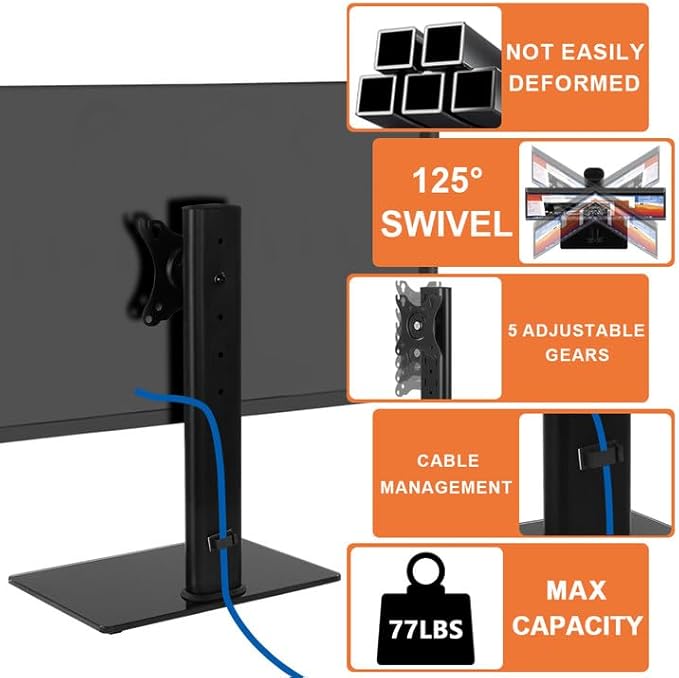 KKTONER Single Computer Monitor Stand Free Standing Desk Vesa Mount for 13 inch to 32 inch Screen Height Adjustable Monitor Mount Swivel Vesa 75*75mm/100*100mm Hold up 77Lbs - Image 7