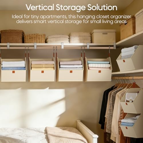 Homsorout Collapsible Hanging Closet Organizer - 3 Tier Closet Shelves Storage System with Hooks, Fabric Hanging Storage Bins for Clothes, Foldable Storage Basket for Laundry, Bedroom, Rv, Beige - Image 2