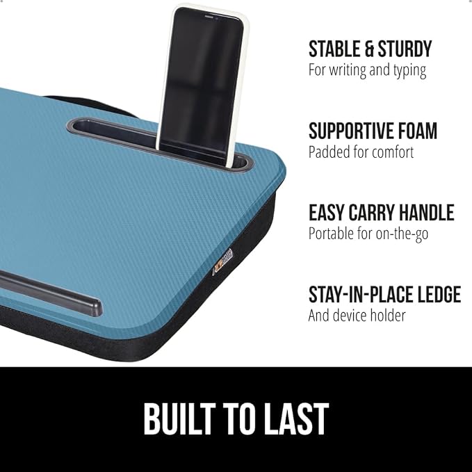 GORILLA GRIP Laptop Lap Desk with Phone Holder, Pillow Cushion Desks Fit Laptops up to 15.6", Tray Ledge Keep Computers in Place, Portable Travel Workstation Essentials for Home, Dorm Room, Blue - Image 2