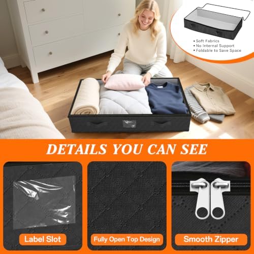 90L Under Bed Storage Containers, Storage Bags, Organizers, 2-Pack, Black | Foldable, Soft Fabric, Closet Organizers, Reinforced Handle, Label Holder, Clear Window, for Comforters, Clothing, Blankets - Image 4
