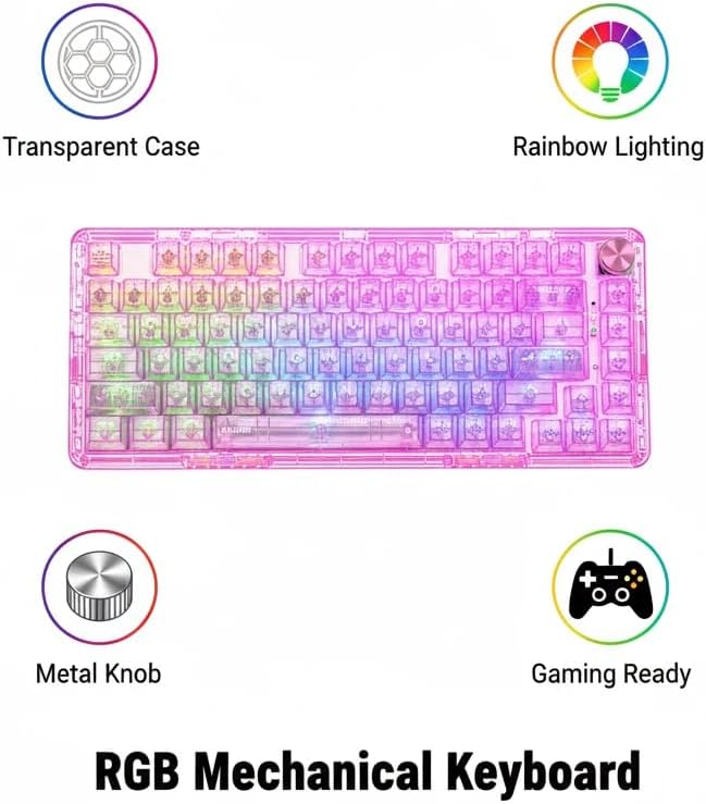 RisoPhy Wireless Mechanical Gaming Keyboard, Tri-Mode, RGB Backlit, Pink | Bluetooth/Wireless/Wired, Transparent Keyboard Clear, 81-Key Hot-Swappable Anti-Ghosting Compatible for Computer, PC/Mac - Image 7