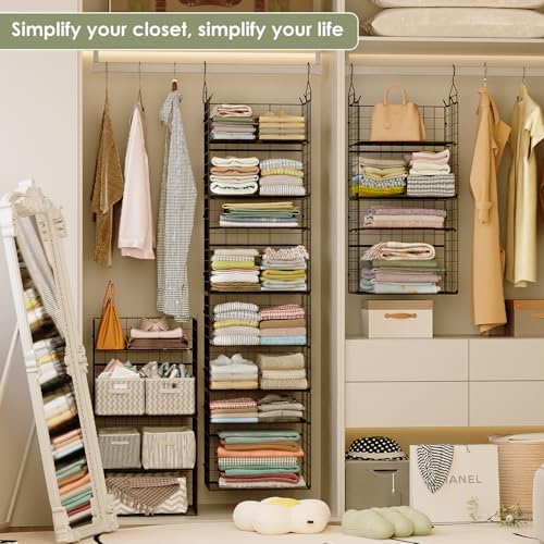 Hanging Closet Organizer and Storage - 8 Tier Closet Hanging Organizer Shelves, Metal & Foldable Hanging Storage Organizer Baskets with Adjustable Dividers for Clothing Sweaters Shoes Handbags - Image 5