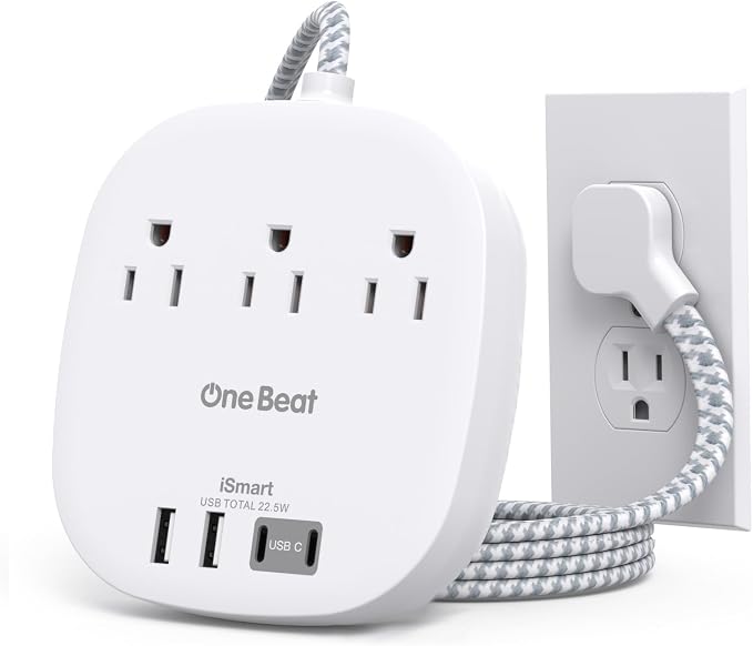 Cruise Ship Travel Essentials, 1Ft Short Extention Cord, 22.5W/4.5A, White | 3 Outlets 4 USB Ports (2 USB C) Cruise Approved Power Strip Flat Plug No Surge Protection, Dorm Room Desktop Charging Station by OneBeat