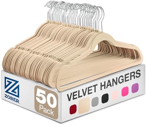 Zober Velvet Hangers 50 Pack - Ivory for Coats, Pants & Dress Clothes - Non Slip w/ 360 Degree Swivel, Holds up to 10 lbs - Strong Felt Hangers for Clothing | Slim velvet hangers with pants bar, felt hangers, flocked hangers, non slip hangers, coat han... by ZOBER