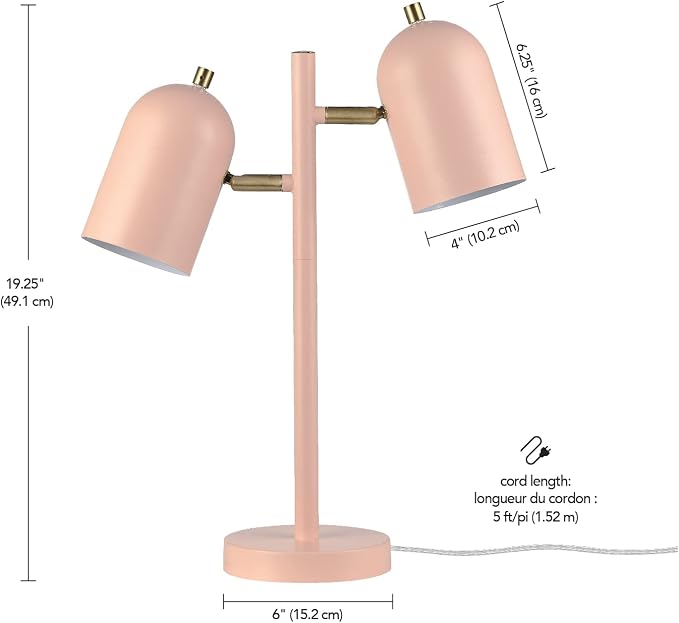 Globe Electric 30290 19" 2-Light Desk Lamp, Matte Pink, Brass Accents, 2.1A USB Port, On/Off Rotary Switch on Each Shade, Reading Light, Dorm Room Essentials, Lamps for Living-Room, Office Décor - Image 10