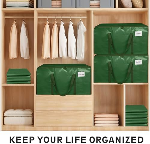 4 Pack-Extra Large Heavy Duty Moving Bags - Waterproof Storage Totes with Handles & Zippers, Foldable for College Dorm, Storage (olive green) - Image 5