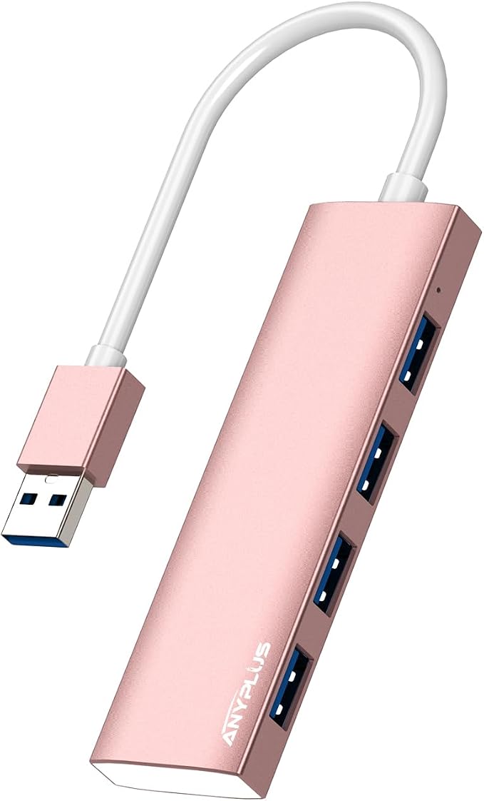 USB Hub, USB 3.0 Hub Aluminum Alloy Ultra Slim USB Splitter, Portable 4 Port USB Extender, USB Hub for Laptop, PC, MacBook, iMac, Surface Pro, Mac Pro, Flash Drive, XPS 【Pink】 by ANYPLUS
