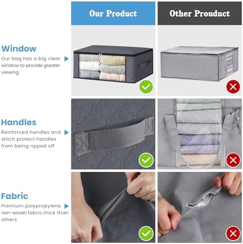 HomeHacks 8-Pack Clothes Organizer Storage Bags, 35L Storage Bins, Gray | Foldable Storage Box Container with Zippers, Clear Window, Reinforced Handles for Closet, Dorm, Pillows, Bedding, Sweater - Image 4
