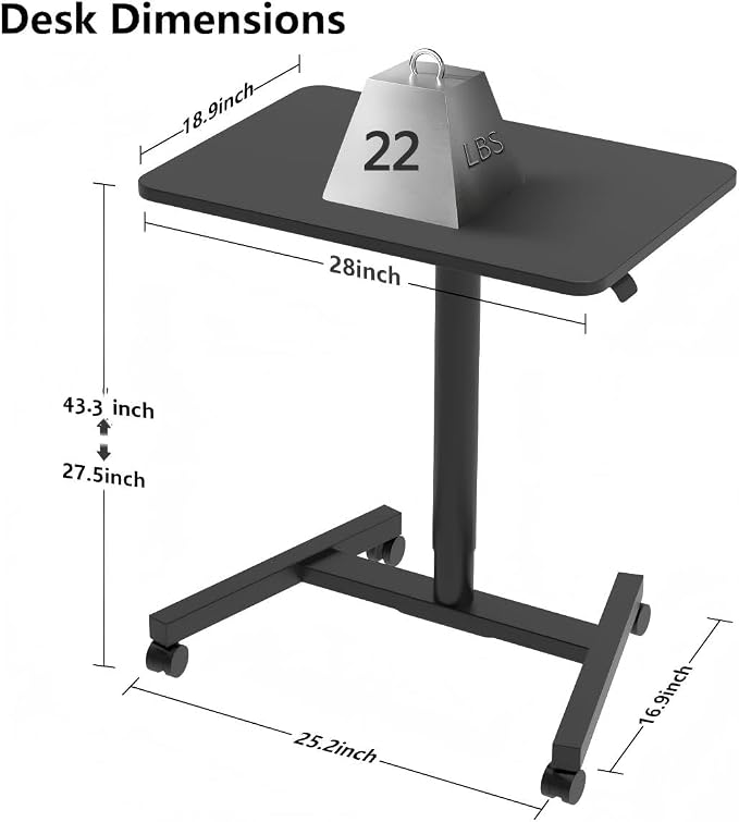 28-Inch Mobile Standing Desk, Adjustable Computer Desk, Portable Standing Desk with Lockable Wheels, Rolling Table for Home Office Classroom Hospital (Jet - Black) - Image 8