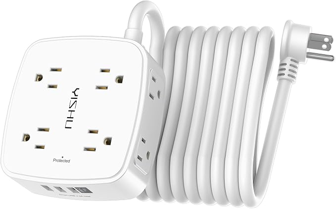 15 Ft Surge Protector Power Strip - 8 Widely Outlets with 4 USB Ports, 3 Side Outlet Extender with 15 Feet Extension Cord, Flat Plug, Wall Mount, Desk USB Charging Station, ETL, White by YISHU