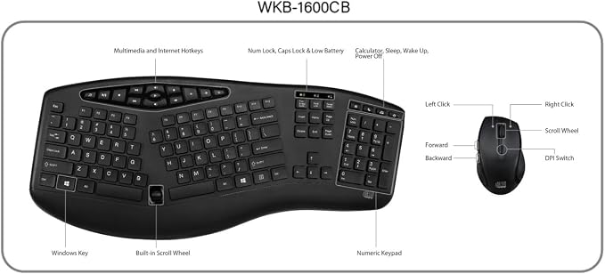 Adesso WKB-1600CB TruForm Wireless Ergonomic Keyboard & Optical Mouse Combo | Media, Split Design, Adjustable DPI, 24 GHz RF Technology, Multimedia Hotkeys - Image 6