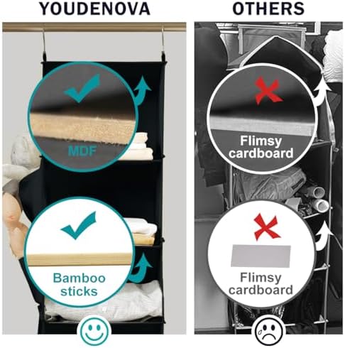 YOUDENOVA Hanging Closet Organizer and Storage, 6-Shelf, 2 Packs, Black | Breathable Fabric, 2 Side Pockets, Clothes Organizer, Hanging Shelves, Closet Storage, College Dorm Room Essentials for Guys - Image 5