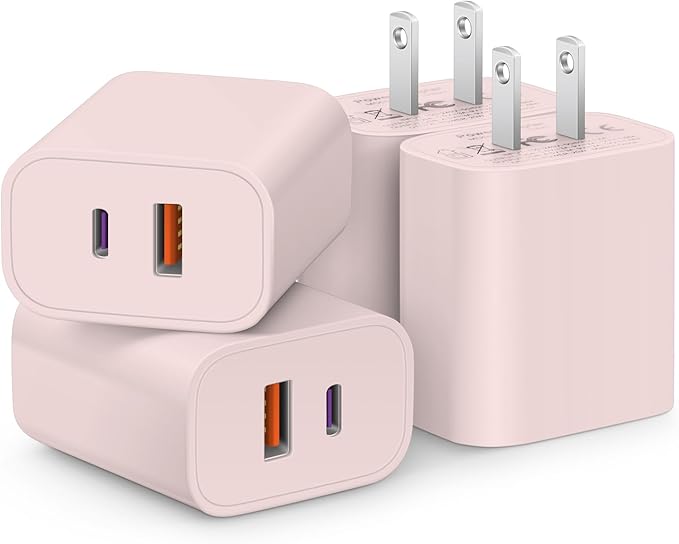 [4 Pack] USB C Charger Block Fast Charging Multiport Adpater [PD 20W USB-C & QC 3.0 USB-A Port] for iPhone 17/16/15/14/13/12/11/X/8, iPad, Galaxy, Google & More [Light Pink] by CXX
