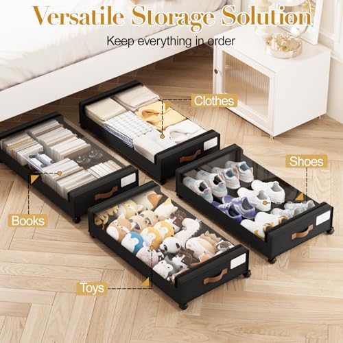 Yecaye 60L Under Bed Storage with Wheels, 2 Pack, Black | 360° Rolling Wheels, Clear Lids & Label, Reinforced Handle, Rolling Metal Drawers for Clothes, Blankets, Shoes in Bedroom - Image 6