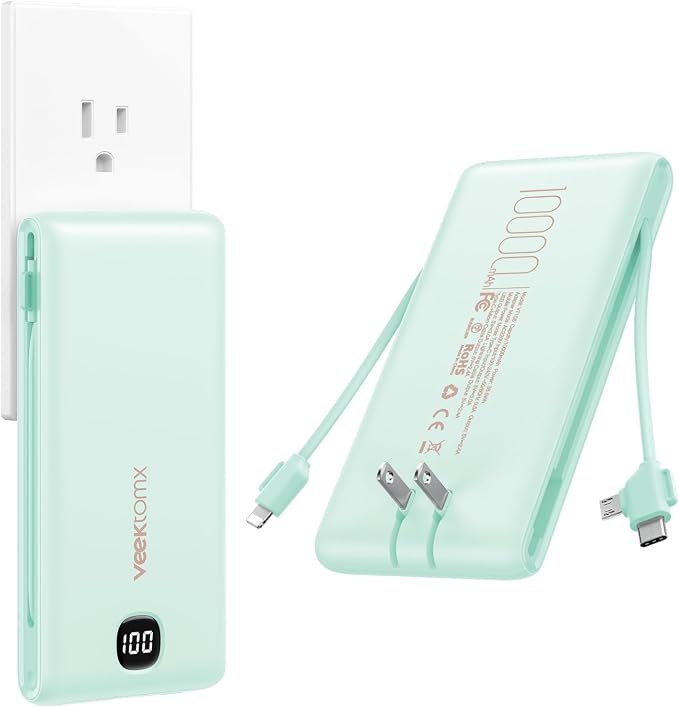 VEEKTOMX 10000mAh Portable Charger with Built-in Cables & Wall Plug | Fast Charging Slim USB-C Power Bank for iPhone, Samsung, iPad | 5 Outputs, Charges 4 Devices, ETL Certified, Cyan by VEEKTOMX