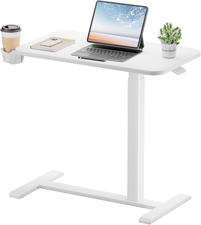 GTPLAYER Small Standing Desk with Hidden Wheels, Pneumatic Mobile Rolling Laptop Desk, Adjustable Height Overbed Bedside Table Computer Workstation for Home Office (28" W x 16" D, White) by GTPLAYER