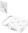 10 Ft Surge Protector Power Strip - YISHU 8 Widely Outlets with 4 USB Ports, 3 Side Outlet Extender with 10 Feet Flat Extension Cord, Ultra Flat Plug, Wall Mount, Desk USB Charging Station, ETL, White by YISHU