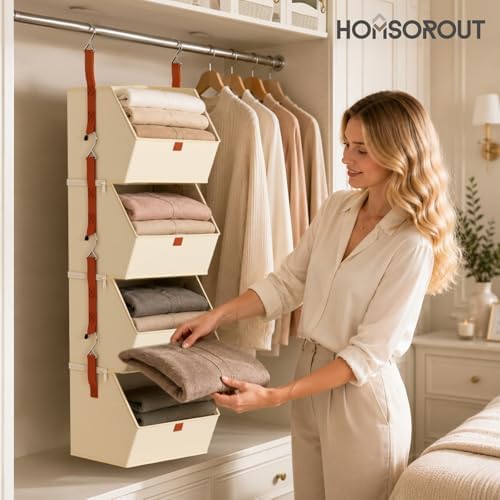 Homsorout Hanging Closet Organizer 4 Tier - Clothes Hanging Shelves, Space-Saving Closet System, Fabric Storage Bins Bedroom Organization, Collapsible Baskets for Home, Dorm, Rv, Beige, 8 Pack - Image 6
