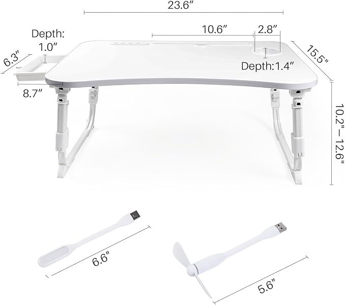 Laptop Desk for Bed, Height Adjustable Laptop Bed Table, Foldable Portable Lap Desk Stand with USB/Storage Drawer/Cup Holder/Slot, Breakfast Tray for Working Reading Writing Eating, White - Image 4