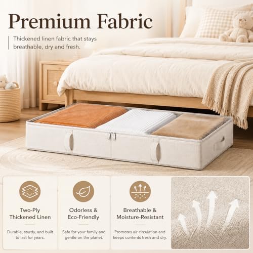 Vailando Side-Supported Under Bed Storage Containers, 6 Inches Tall 60L Underbed Storage Bins with Sturdy Handles and Sidewalls, Closet Organizer for Clothes, Blankets, Seasonal Items, Beige, 2-Pack | Underbed Storage Bin with Sturdy Handles and Sidewa... - Image 5