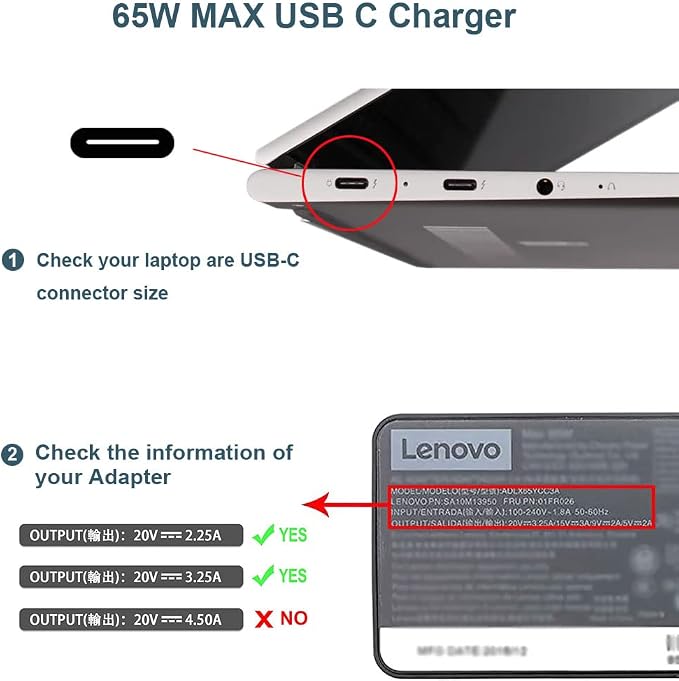 65W USB C Charger Fit for Lenovo Thinkpad/Yoga/Chromebook/Thinkbook Laptop | For ThinkPad T14 T14s T15 E14 E15 E16 X1 Carbon X13, Yoga 7i 9i, Chromebook C330 S330 ADLX65YDC2A ,Type C Fast Charging - Image 3
