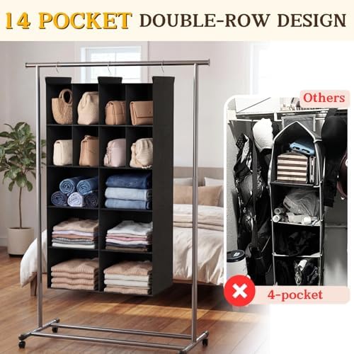 5 Tier Hanging Closet Organizer, 14 Compartments Dual Row Storage, Black | Closet Organizers and Storage with Large & Small Pockets, 3 Sturdy Hooks Support Heavy Loads, Ideal for Dorm, Garment Rack - Image 3