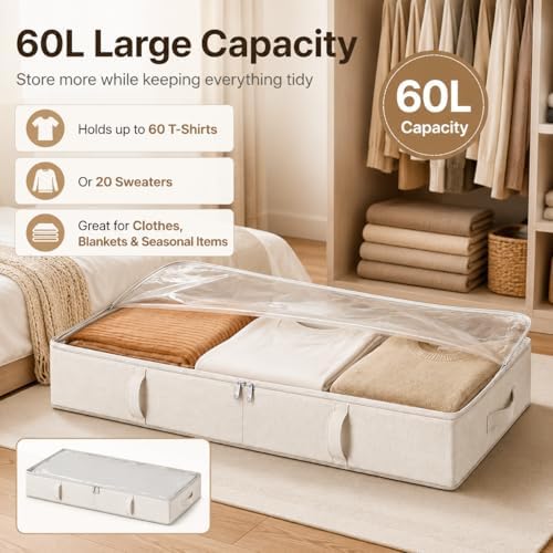 Vailando Side-Supported Under Bed Storage Containers, 6 Inches Tall 60L Underbed Storage Bins with Sturdy Handles and Sidewalls, Closet Organizer for Clothes, Blankets, Seasonal Items, Beige, 2-Pack | Underbed Storage Bin with Sturdy Handles and Sidewa... - Image 2