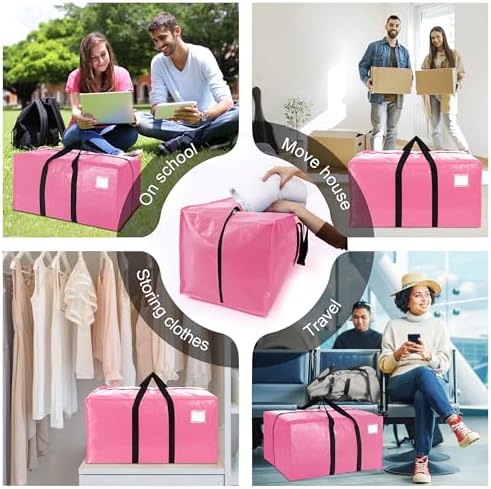 VELVETSURE 6 Pack Heavy Duty Large Moving Bags W/Backpack Straps - Strong Handles & Zippers, Storage Totes For Space Saving, Fold Flat, Alternative to Moving Box and Storage Bin, Pink - Image 6