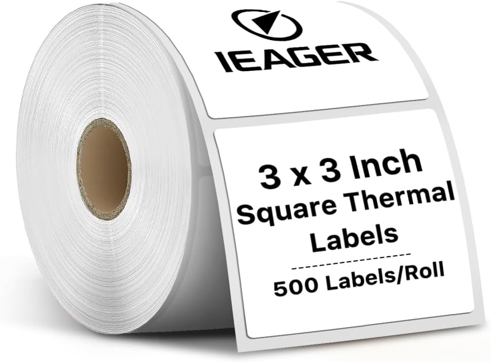 iEager White 3" x 3" Square Thermal Label Stickers, 500 Labels/Roll by iEager