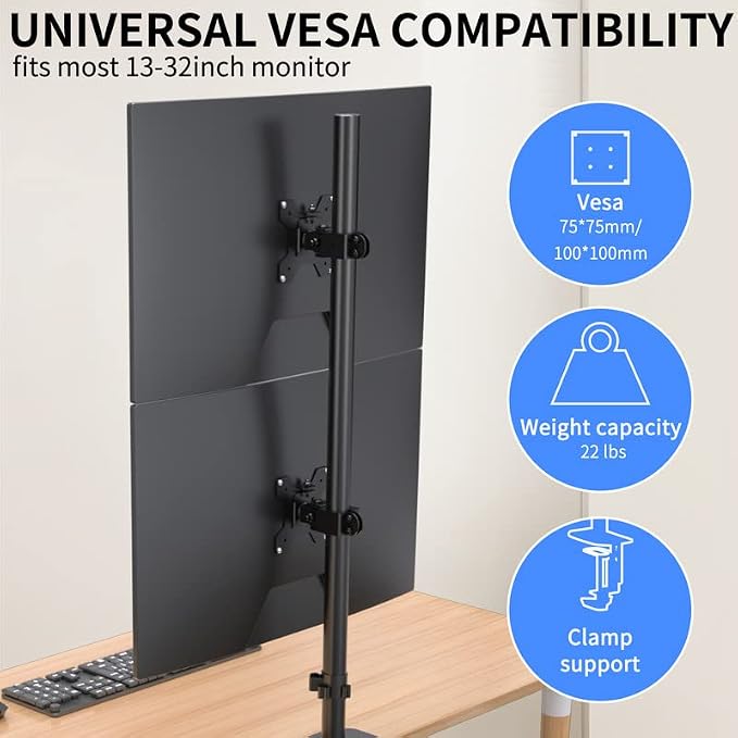 Pholiten Tall Vertically Stacked Dual Monitor Desk Mount Stand | Extra Tall 31 Inch Monitor Stand, Fully Adjustable Monitor arm for 13-32 Inch LCD Screen, Holds up to 22lbs - Image 2