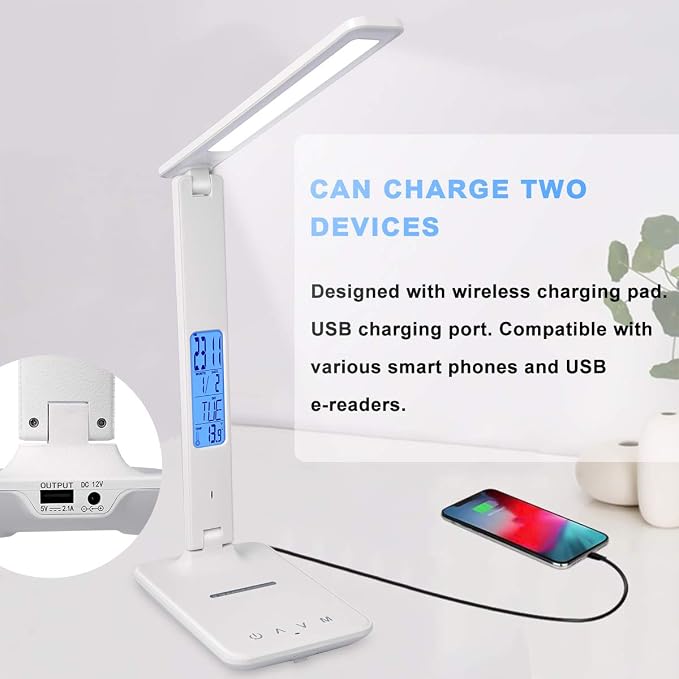 LED Desk Lamp with Wireless Charger, Suitable for Home, Office Dimmable, with USB Charging Port, Built-in Clock, Calendar, Thermometer and Automatic Timing Reading Desk Lamp. - Image 2