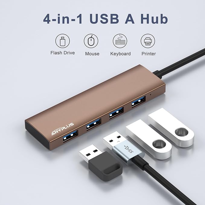 USB Hub, USB 3.0 Hub Aluminum Alloy Ultra Slim USB Splitter, Portable 4 Port USB Extender, USB Hub for Laptop, PC, MacBook, iMac, Surface Pro, Mac Pro, Flash Drive, XPS【Brown】 - Image 3