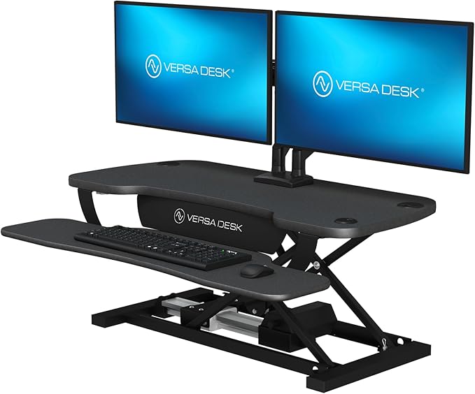 PowerPro 36 Inch Electric Standing Desk Converter – Push-Button Height Adjustable Sit to Stand Desk Riser for Dual Monitors & Laptop – Motorized Desktop Workstation with Wide Keyboard Tray by VERSADESK