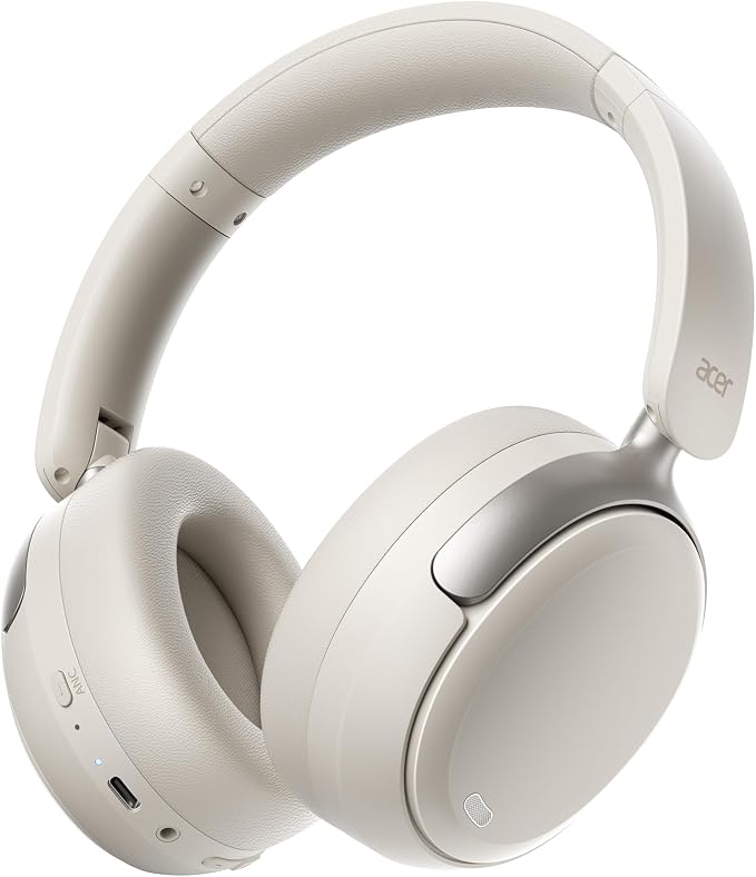 Acer OHR516 Noise Cancelling Headphones - Over Ear, 60H Battery, White | Memory foam for long wear, 40mm drivers for clear, USB-C fast charge, Light foldable for travel by Unknown