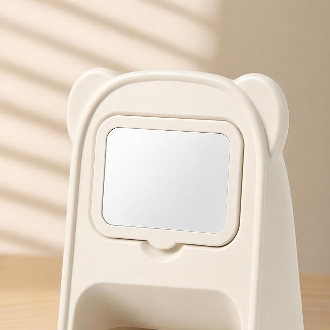 Cute Bear Pen Holder for Desk with Detachable Magnetic Mirror, Aesthetic Cream White Desk Organizer, 2-Compartment Pencil Cup Storage for Office & School - Image 6