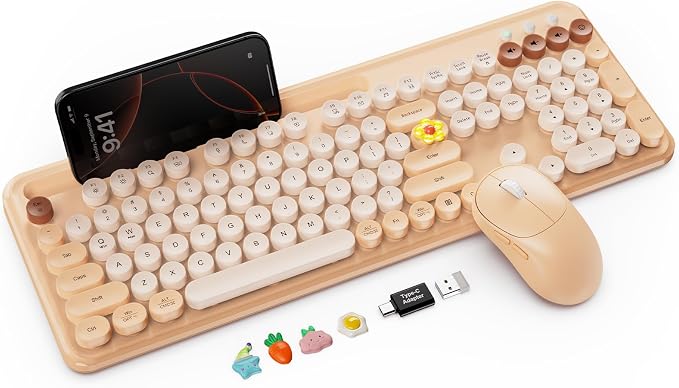 Trueque Wireless Keyboard and Mouse Combo, Milk Tea Beige Typewriter Style by Trueque
