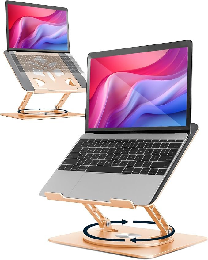Aoviho 360° Rotating Laptop Stand for Desk | Adjustable, Foldable, Portable Aluminum Ergonomic Riser | Compatible with MacBook, Dell, HP & All Laptops 10-16 inch | Gold by Aoviho