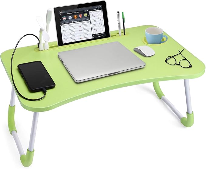 Slendor Foldable Lap Desk with Cup Holder for Bed, Couch, Floor | Portable,with USB Light, Fan, Pen Holder,Tablet Holder,for Laptop,Writing,Eating, Green by Slendor
