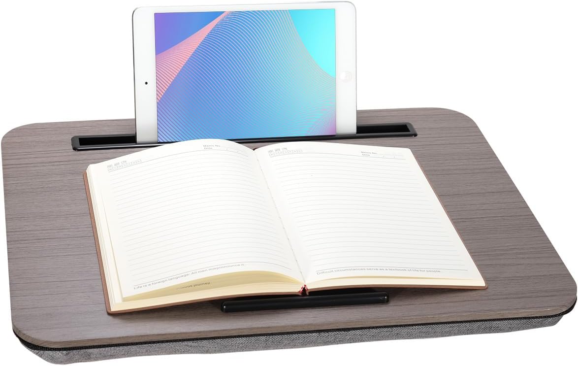 Portable Laptop Desk Fits Up to 16“ Laptops, with Tablet Slot, Built-in Cushion, Great for Home & Office,Lap Desk with Cushion (Walnut, Medium) by YUELAKE