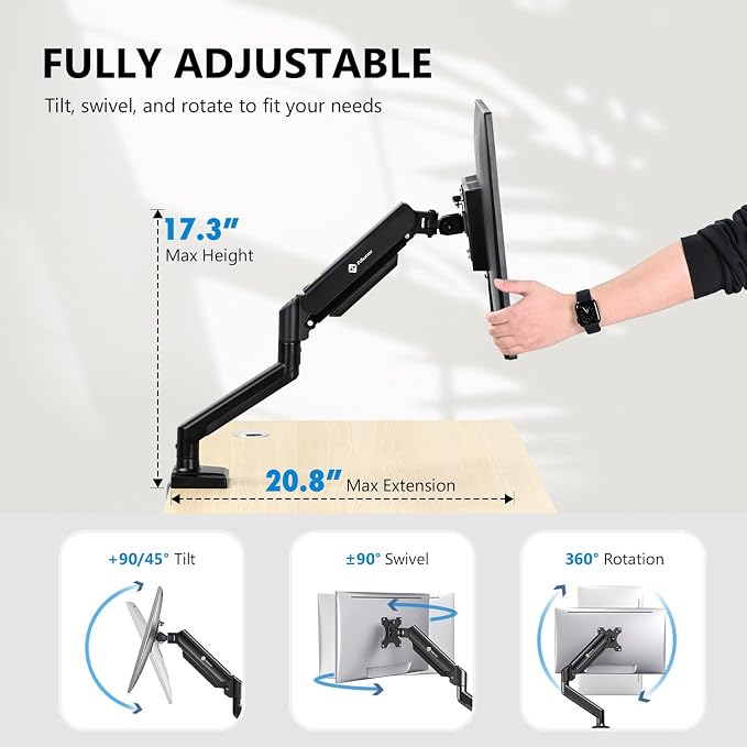 Single Monitor Mount for 13-32 Inch Screens, Gas Spring Monitor Arm with Height Adjustable VESA Bracket, Stand Holds 4.4-19.8lbs, Clamp and Grommet Installation - Image 3